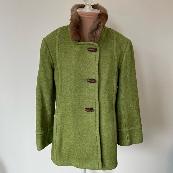 Cinzia Rocca Loro Piana Green Wool Blend Rabbit Fur Collar Toggle Jacket EUC 10 - Picture 4 of 13